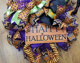 Halloween wreath with witch legs and hat, purple orange and black witch wreath, Halloween sign, wall wreath
