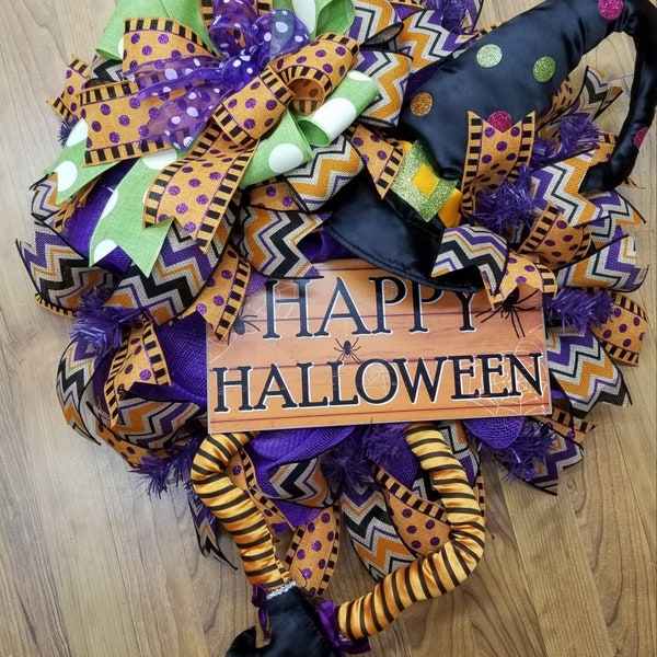 Halloween wreath with witch legs and hat, purple orange and black witch wreath, Halloween sign, wall wreath