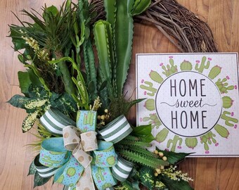 Cactus grapevine wreath with bow and sign, home sweet home sign, artificial desert plants, everyday wreath. Front door decor