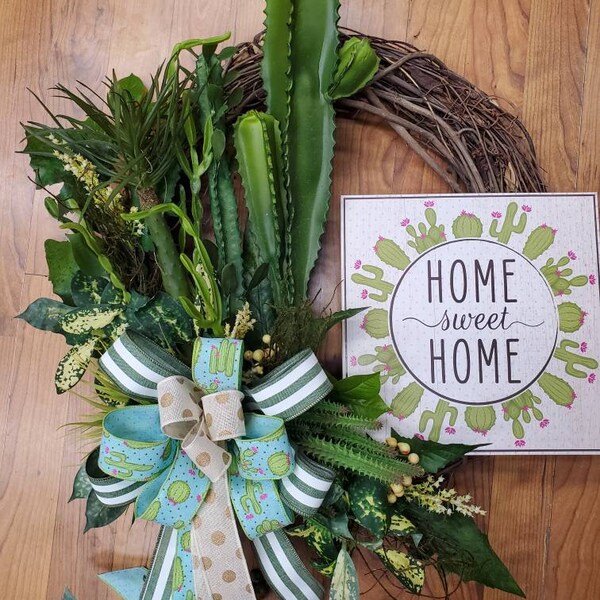 Cactus grapevine wreath with bow and sign, home sweet home sign, artificial desert plants, everyday wreath. Front door decor