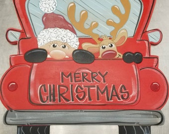 Vintage Christmas Truck, Peeking Santa and Reindeer, wall hanger, wreath attachment, painted wood truck