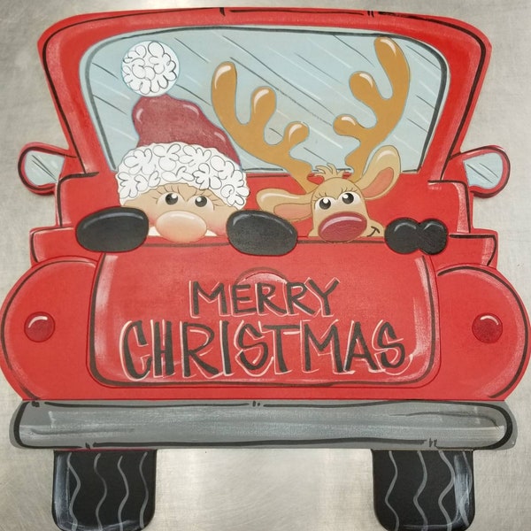 Vintage Christmas Truck, Peeking Santa and Reindeer, wall hanger, wreath attachment, painted wood truck