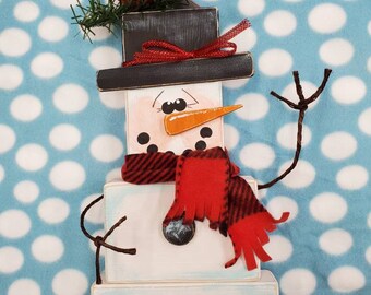 Chunky wood snowman, winter snowman,  snowman shelf sitter, block snowman, table top decor, Christmas decor