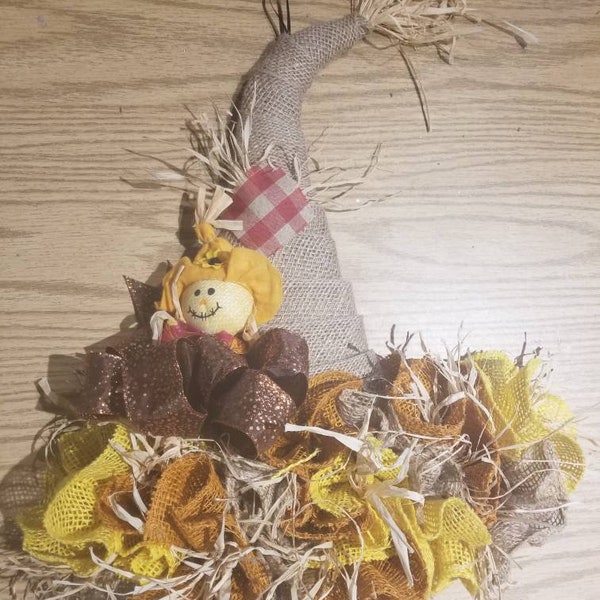 Scarecrow Hat Wall Decor. Burlap,  Raffia Fall Hat, Burlap Hat Wreath, Halloween Decor, Thanksgiving Hat