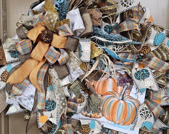 Turquoise and orange fall wreath
