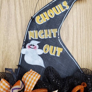 Wood Witch Hat Door Hanger, witch hat with mesh brim and legs, mesh accented witch hat door hanger, ghouls night out image 3