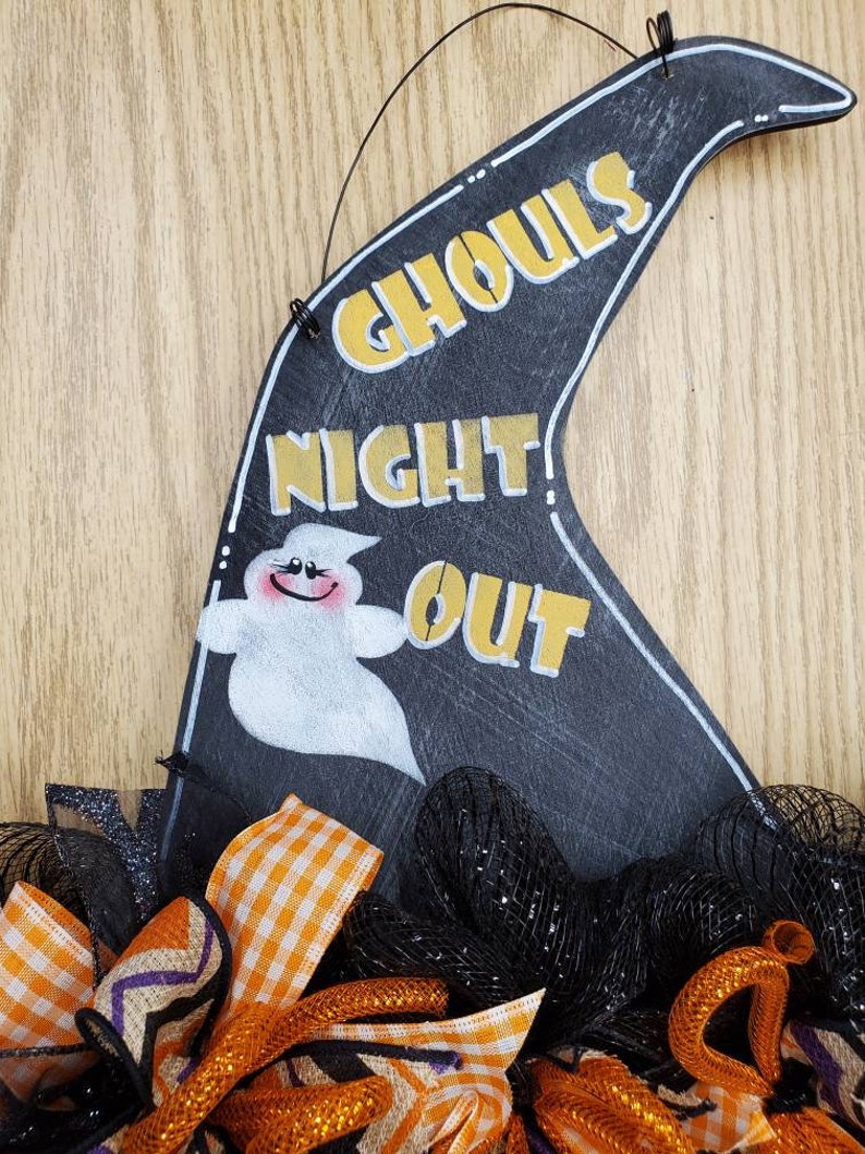 Wood Witch Hat Door Hanger, witch hat with mesh brim and legs, mesh accented witch hat door hanger, ghouls night out image 3