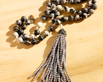 Black & White Jasper Mala with 108 beads hand knotted.  Buddhist beads. Yoga beads, Tassel necklace, Tassel bracelet.