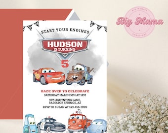 May include: A Cars-themed birthday party invitation with a red, white, and blue color scheme. The invitation features a cartoon image of Lightning McQueen, Mater, and other Cars characters. The text on the invitation reads "Start Your Engines", "Hudson is Turning 5", "Race Over to Celebrate", "Saturday March 5th at 1PM", "987 Lightning Lane, Radiator Springs, AZ", and "RSVP to Susan at 123-456-7890".