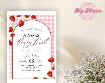 Berry First Birthday Invitation, Strawberry Theme (Digital Download)