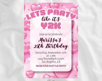 Könnte beinhalten: Rosafarbene Geburtstagseinladung mit Herzen und dem Text "LETS PARTY like it's Y2K" und "Join us to celebrate Marissa's 25th Birthday" mit Details zur Party, einschließlich Datum, Uhrzeit, Ort und Dresscode. Die Einladung ist 5 Zoll mal 7 Zoll groß.