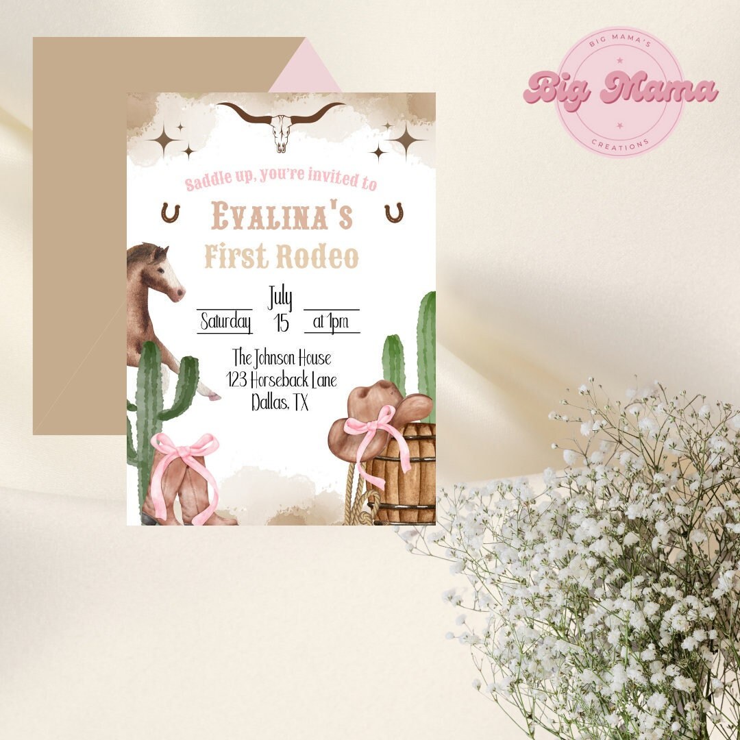 First Rodeo Birthday Invitations, Pink First Rodeo, Girl First Rodeo ...
