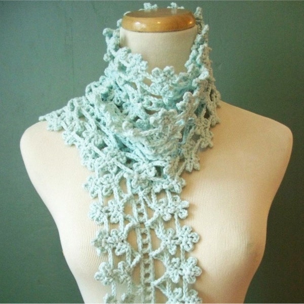 Scarf - Crocheted Lace - Lacy and Soft Robin's Egg Blue Cotton Blend