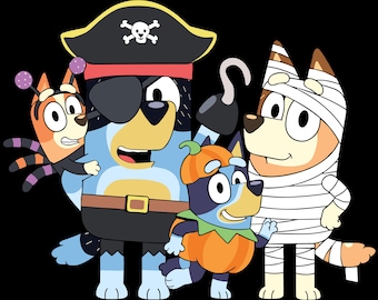 May include: A cartoon illustration of four characters dressed in Halloween costumes. One is a pirate with a black hat and eye patch, another is a mummy, a third is a pumpkin, and the last is a bug. The background is black.