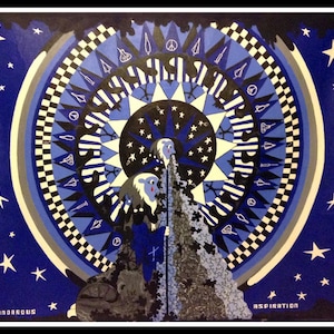 May include: A vibrant, abstract painting with a celestial theme. The artwork features a central circular design in shades of blue, black, and white, surrounded by stars. The words "GURRORROUS" and "ASPIRATION" are at the bottom. The painting has a surreal, dreamlike quality.