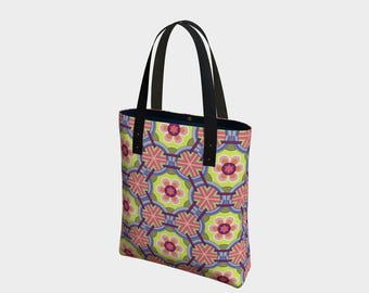 Cotton Lined Tote Bag | Oriental Flower Pattern| Korea Traditional Pattern| Unique Tote Bag| 16"x13"x3"|Spring Warm tone