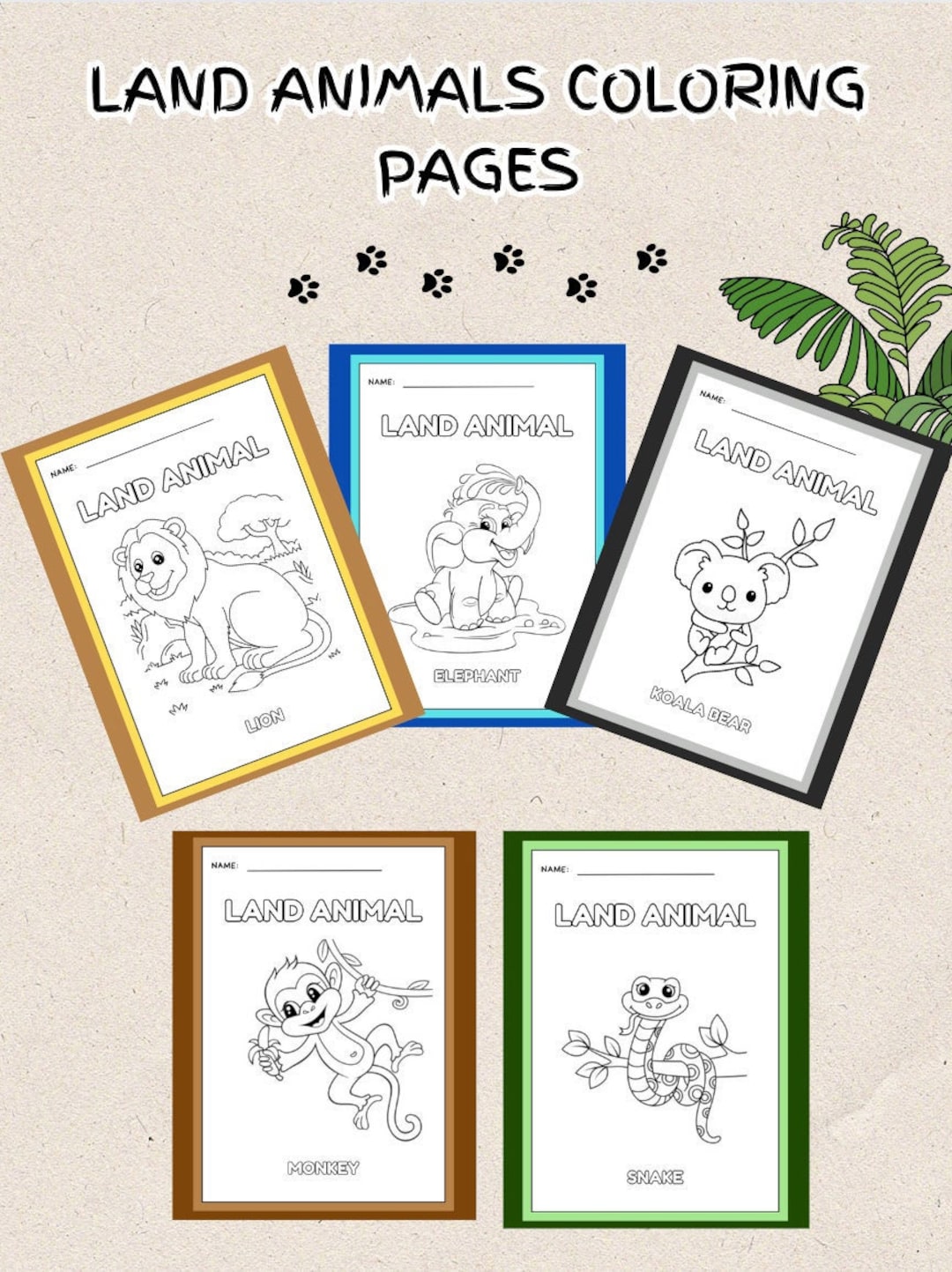 PRINTABLE Land Animals Coloring Pages. Kids Party Games, Jungle