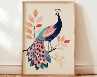 Lámina artística de pavo real retro: decoración minimalista de pared con pájaros