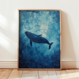 Wal Druck, Buckelwal Poster, Blauwale, Ozean Wandkunst, Nautikdruck, Meeresposter, Wal Schwimmen, Ölmalerei, Blau, Strandhaus