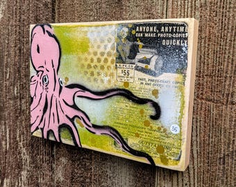 Pink Octopus Graffiti Art Painting on Wood Canvas Original Art on Home Decor Pop Art Gallery