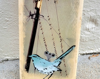 Wind Up Bird Graffiti Art Painting on Original Art on Canvas Vintage Birds on a Wire