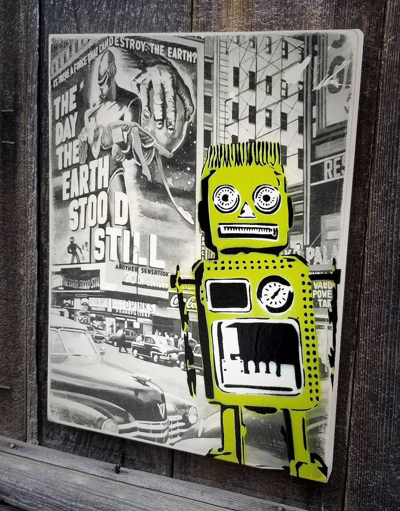 Robot Mixed Media Graffiti Art Painting on Photo Transfer Etsy