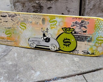 Monopoly Man Graffiti Art Painting on Skateboard Deck Original Art Home Decor Pop Art Gallery 8x 28 inches