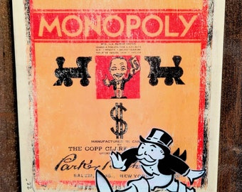 Vintage Monopoly Mixed Media Graffiti Art Painting on Photo Transfer Original Art on Handmade Canvas Home Decor Pop Art Uncle Pennybags