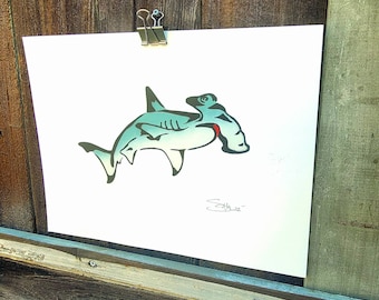 Hammerhead Shark Original Graffiti Art Painting on Watercolor Paper Handmade Stencil