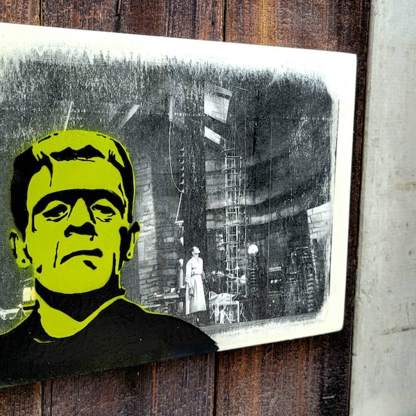 Frankenstein Monster Mixed Media Graffiti Art Painting on Original Art on Collaged Wood Canvas Home Decor Pop Art