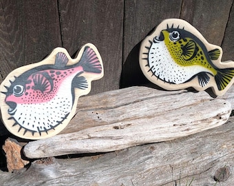 Pufferfish Original Graffiti Art Painting Blowfish Cut Out on Re Purposed Ply Wood