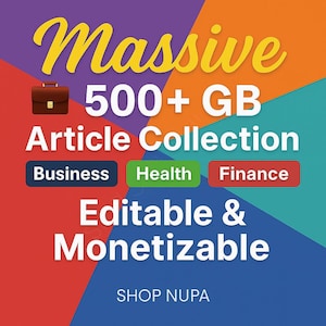 Puede incluir: Un gráfico colorido con la palabra "Massive" en escritura amarilla, un icono de maletín y texto que indica una colección de artículos de más de 500 GB. Incluye las palabras "Business", "Health" y "Finance" en cuadros de colores, además de "Editable & Monetizable".