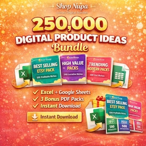 Puede incluir: Un anuncio de un paquete de productos digitales. La imagen presenta el texto "250,000 DIGITAL PRODUCT IDEAS Bundle" en letras doradas. Muestra paquetes de productos digitales con títulos como "Best Selling Etsy Pack" y "High Value Packs".