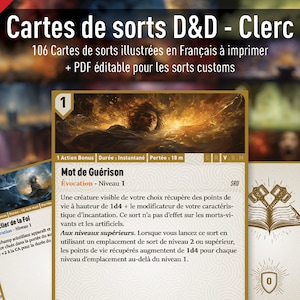 Cartes de sort de Clerc illustrées DnD 5e Edition en Français - PDF imprimable + PDF personnalisable