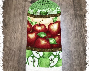 Apples Hand Towel With Grass Green Crocheted Top