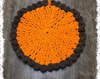 Orange And Brown Crocheted Round Dish Cloth