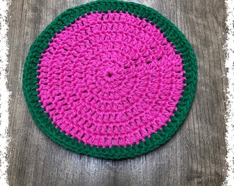 Hot Pink And Emerald Green Seedless Watermelon Crocheted Round Dish Cloth