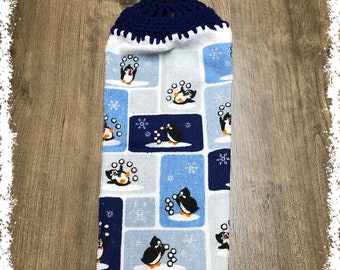 Penguins Dish Cloth With Dark Navy Crocheted Top