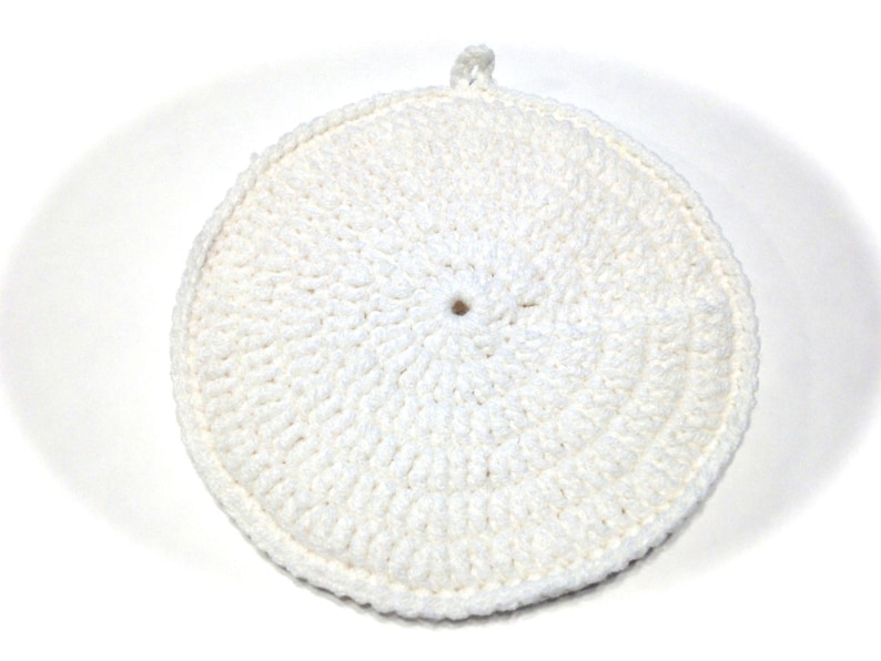 White Crocheted Round Potholder And White Pot Handle Cover Set