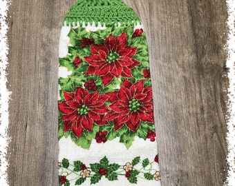 Glitter Poinsettia Hand Towel With Grass Green Crocheted Top