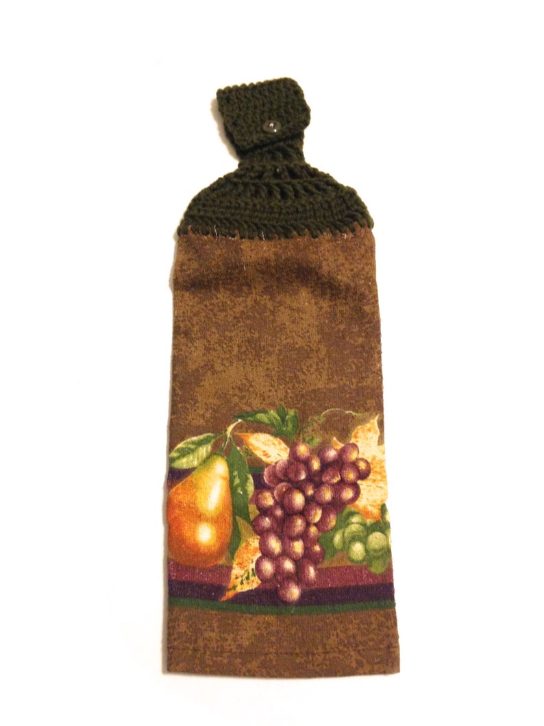 Fruit Hand Towel With Green Crocheted Top Brown