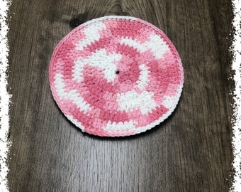 Pink And White Crocheted Round Cotton Potholder