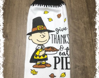 Charlie Brown Thanksgiving Hand Towel With Black Crocheted Top