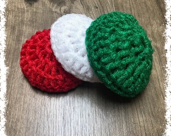 Christmas Crocheted Nylon Netting Dish Scrubbies-Red, White, And Emerald Green-Trio