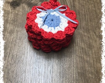 Patriotic Crocheted Face Scrubbies-Miniature Set Of Six-Red, White, And Light Blue