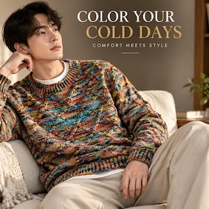 May include: A long-sleeved crew-neck jumper featuring a multi-coloured knit pattern with vibrant hues of blue, orange, yellow, and red. The text "COLOR YOUR COLD DAYS" and "COMFORT MEETS STYLE" is displayed in the upper right corner of the image.
