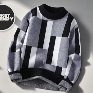 Mock Neck Knit Sweater | Geometric Color Block Pullover | Unisex Casual Warm Top | Soft Y2K Fall Wear | Cozy Winter Plaid Style