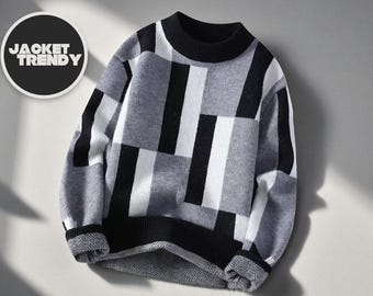 Color Block Knit Sweater | Y2K Plaid Pullover, Mock Neck