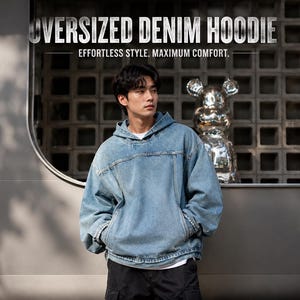 Tvättad denimhoodie, lös streetwear-tröja, casual unisex-hoodie