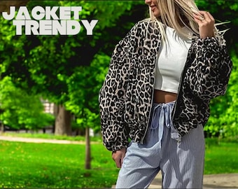 Chaqueta bomber con estampado de leopardo / Abrigo con cremallera para mujer / Prendas de abrigo con diseño animal